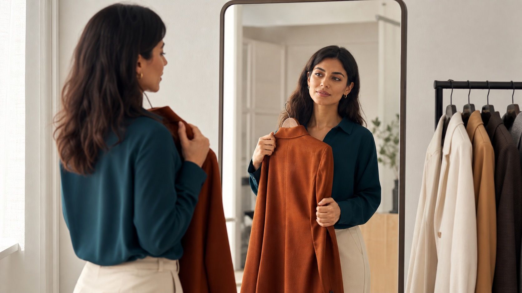 Woman with olive skin wearing a teal shirt and cream trousers