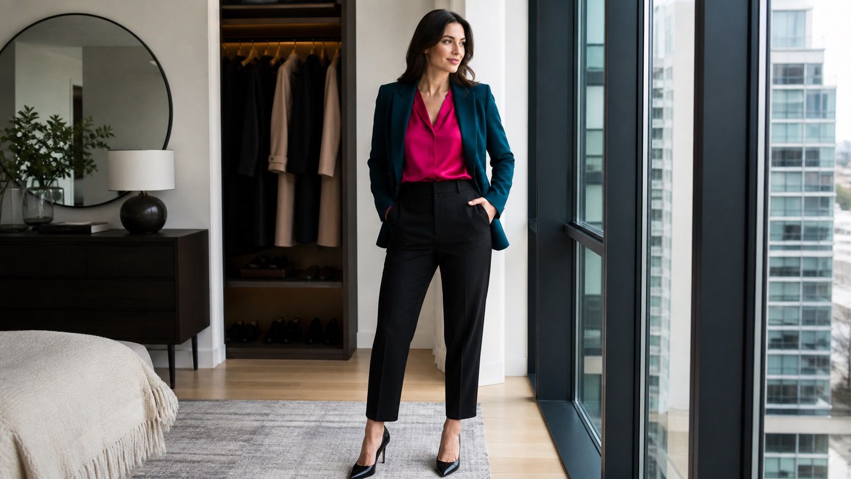 Deep Winter outfits in dark and clear cool colors