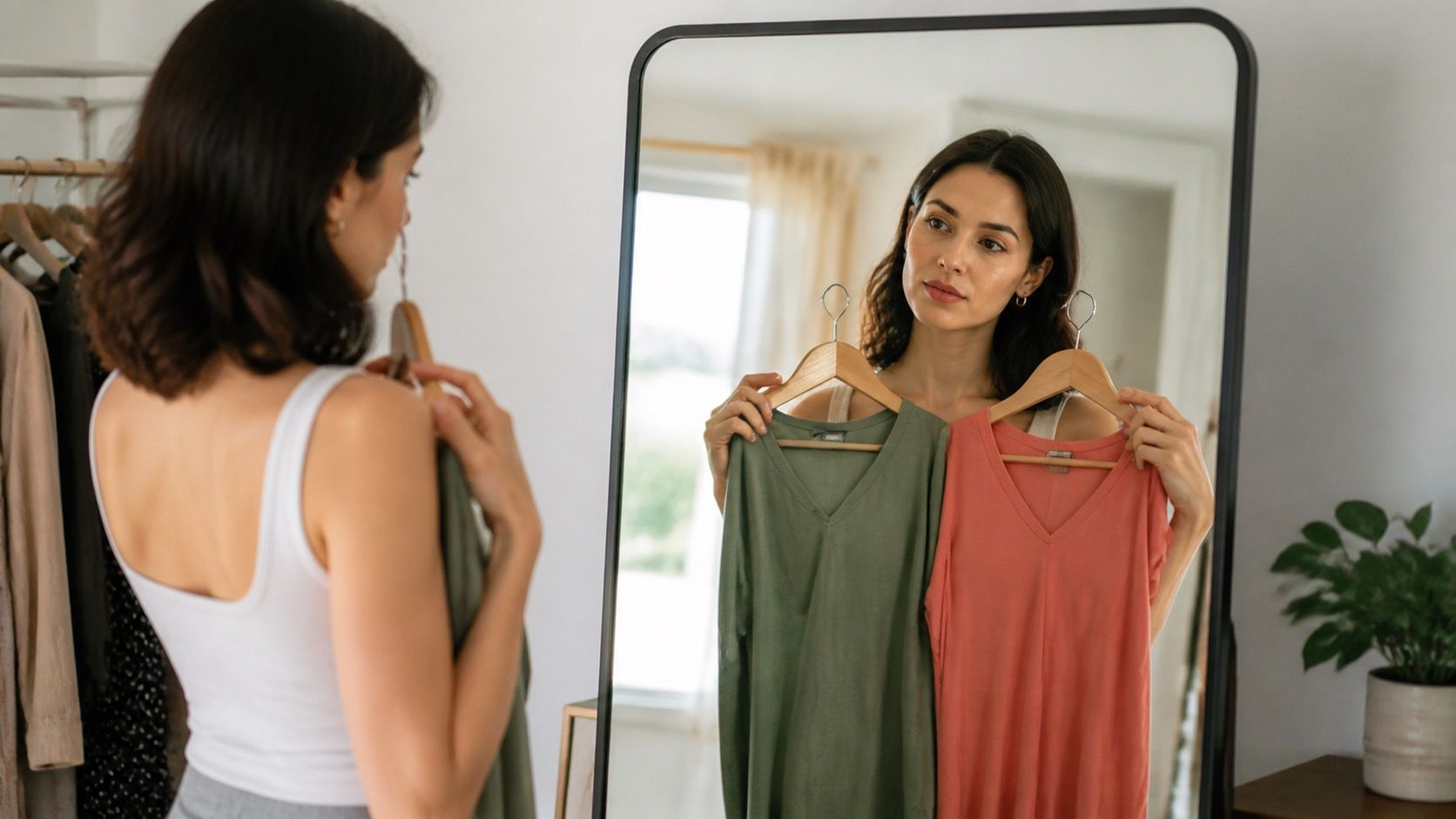 Woman comparing clothing colors in natural daylight