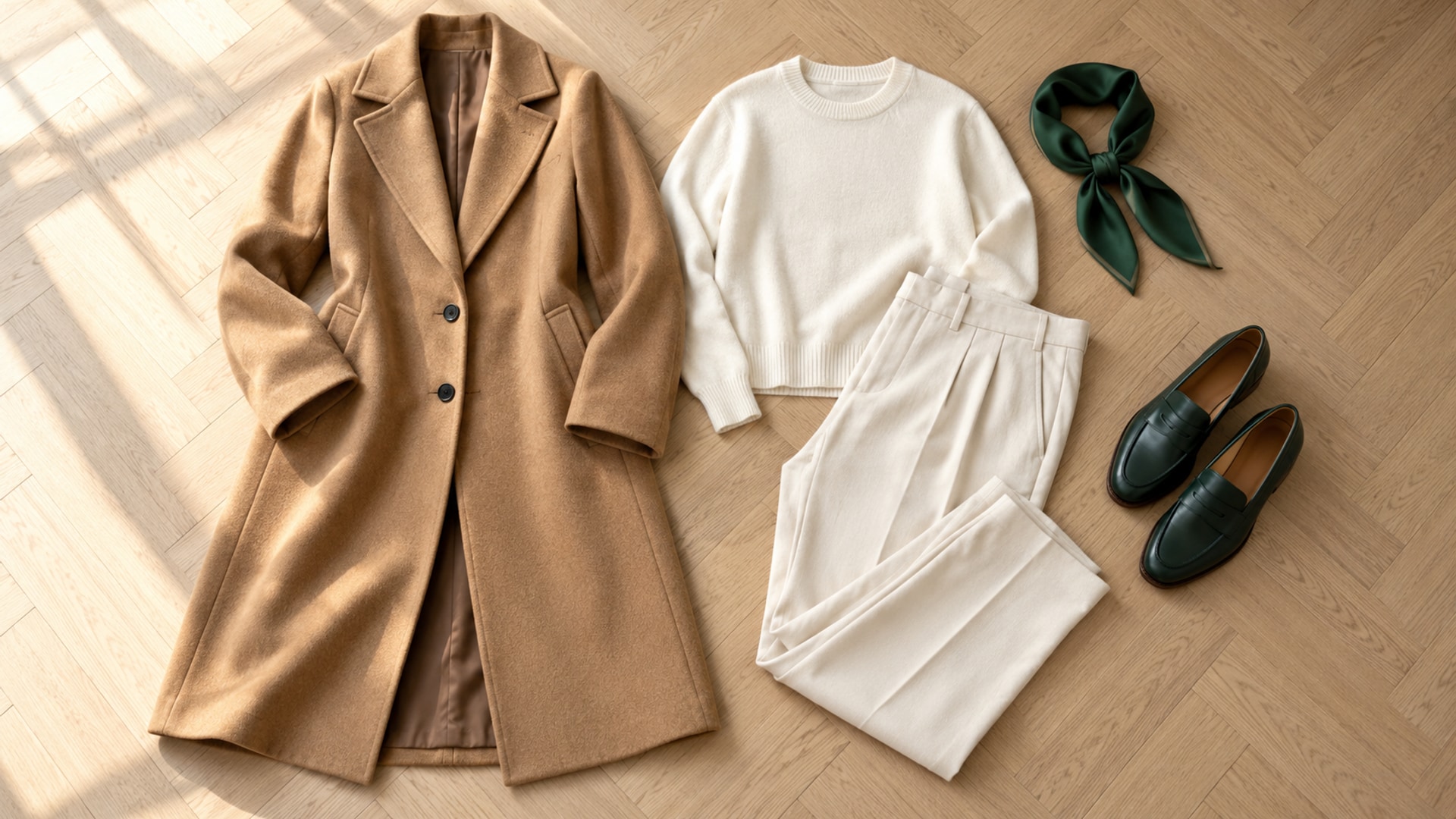 Camel coat beside an ivory sweater and cream trousers, with a small green scarf and green loafers.