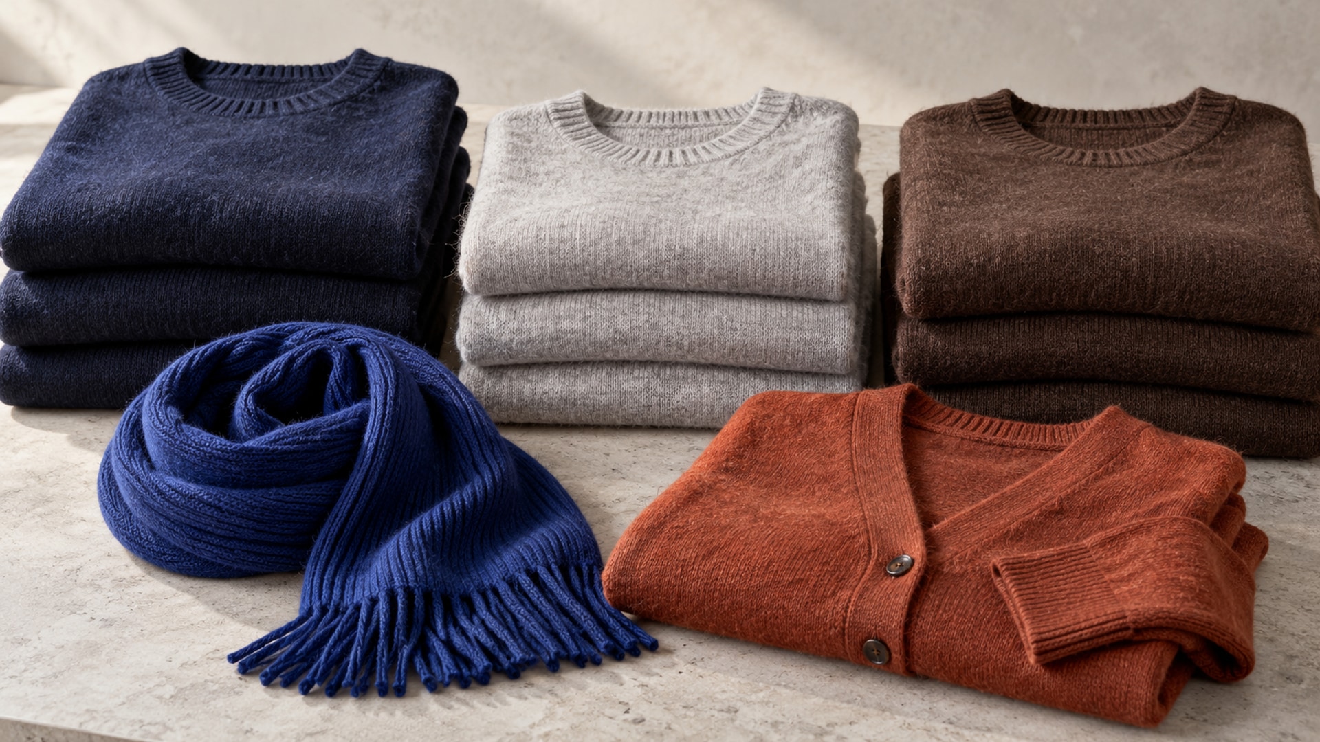 Stacks of navy, heather gray, and espresso knitwear beside a cobalt scarf and rust cardigan.