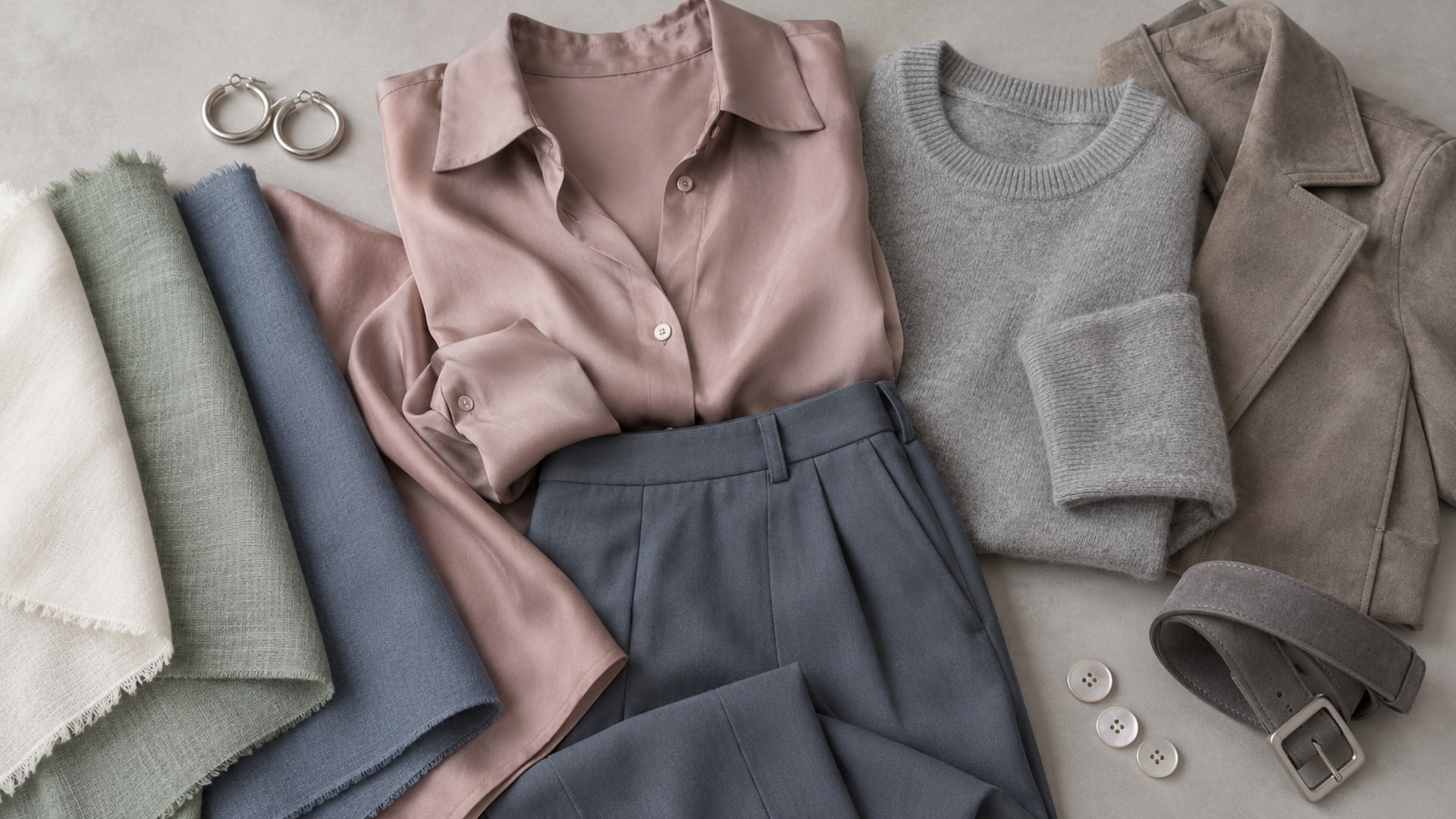 Dusty rose, slate blue, sage, heather gray, and taupe textiles with silver earrings and a gray suede belt.
