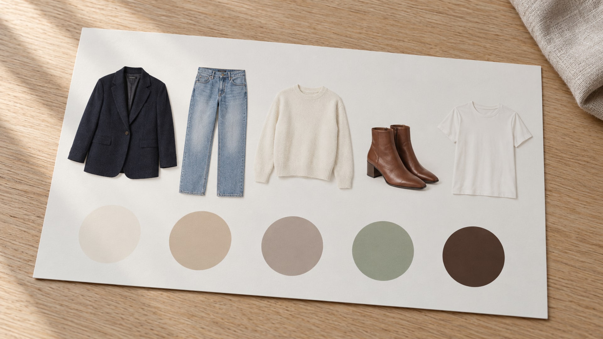 Sample wardrobe card with a navy blazer, jeans, ivory sweater, brown boots, white tee, and five muted color swatches.