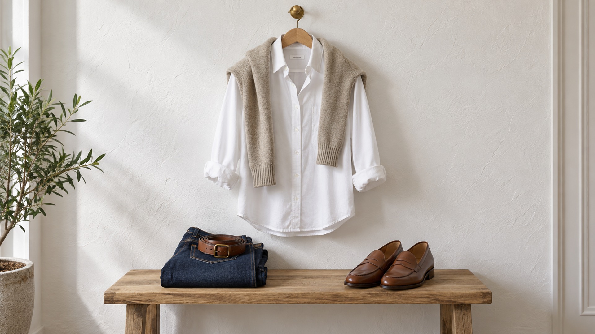 A white shirt with an oatmeal sweater beside folded indigo jeans, a brown belt, and leather loafers.