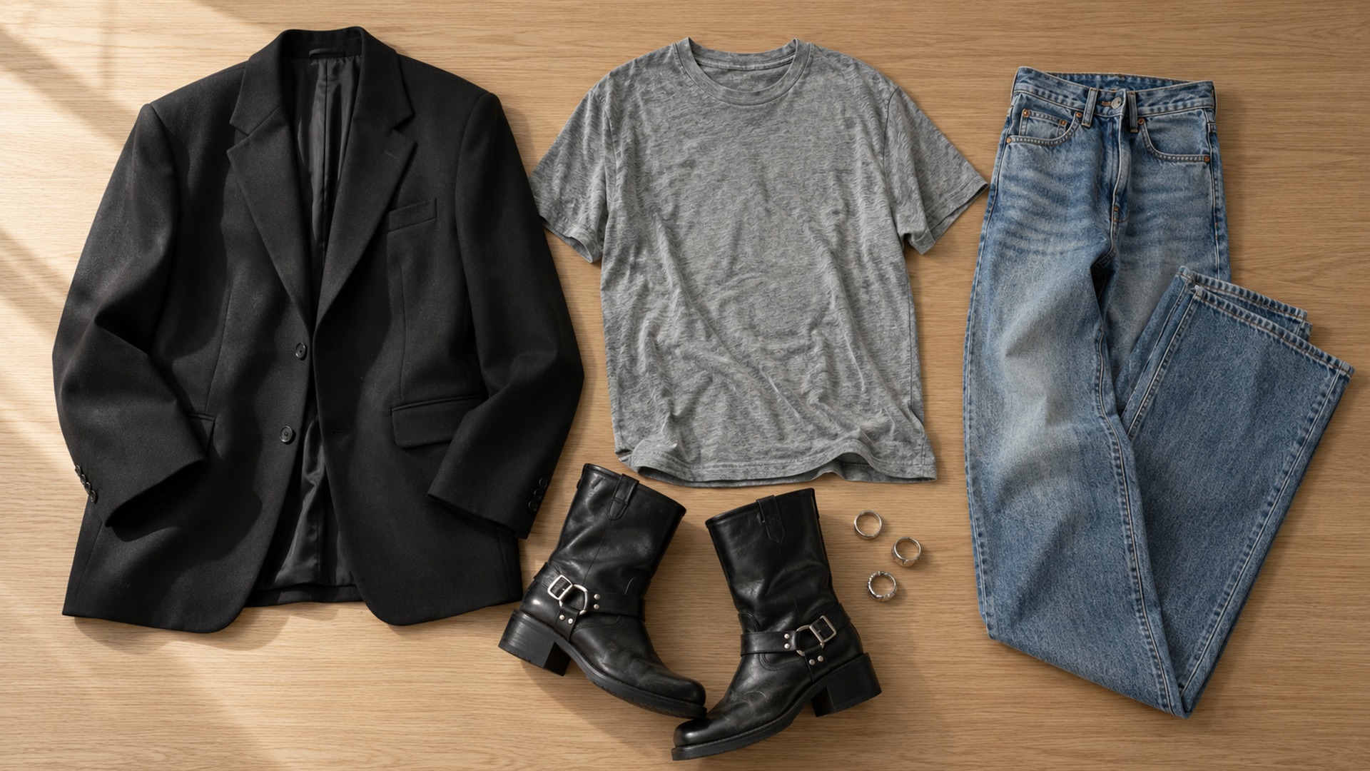 A style moodboard with a black blazer, gray tee, blue jeans, leather boots, and silver rings.