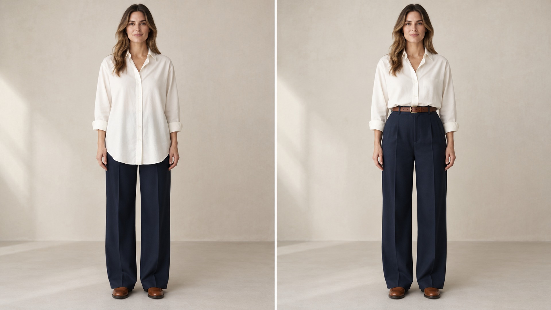 Two views of the same ivory shirt and navy trousers: untucked to mid-thigh on the left, tucked at a high waist with a slim belt on the right.