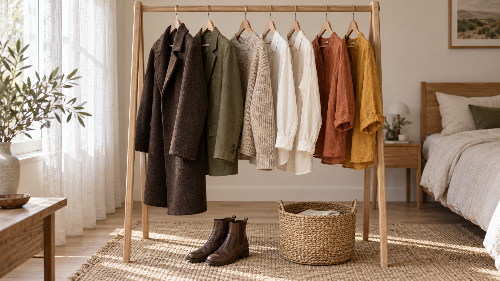A clothing rack organized by a harmonious warm earthy wardrobe color palette.