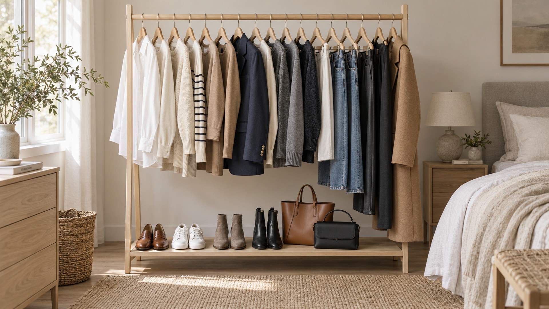 A seasonal capsule wardrobe arranged on a light wooden clothing rack with coordinated footwear and bags below.