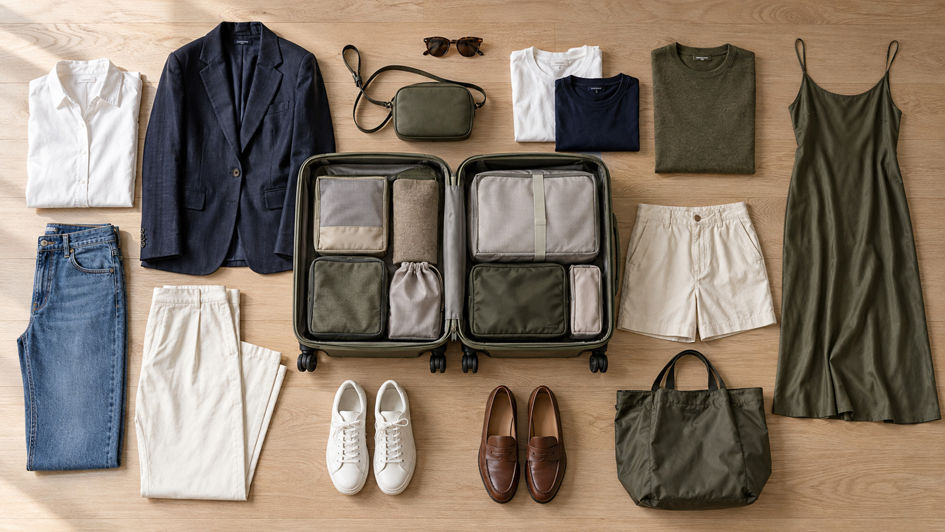 Travel shirts, trousers, shoes, and bags laid out around an open olive carry-on suitcase.