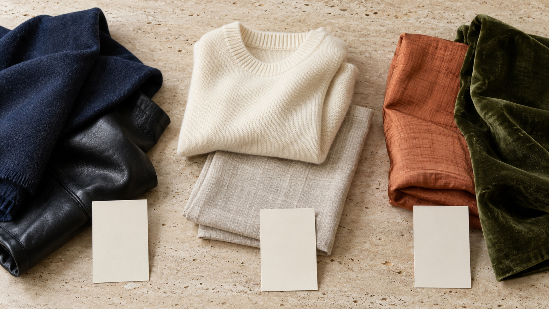A flatlay of textiles and color swatch cards demonstrating the 3-tier wardrobe color palette system.