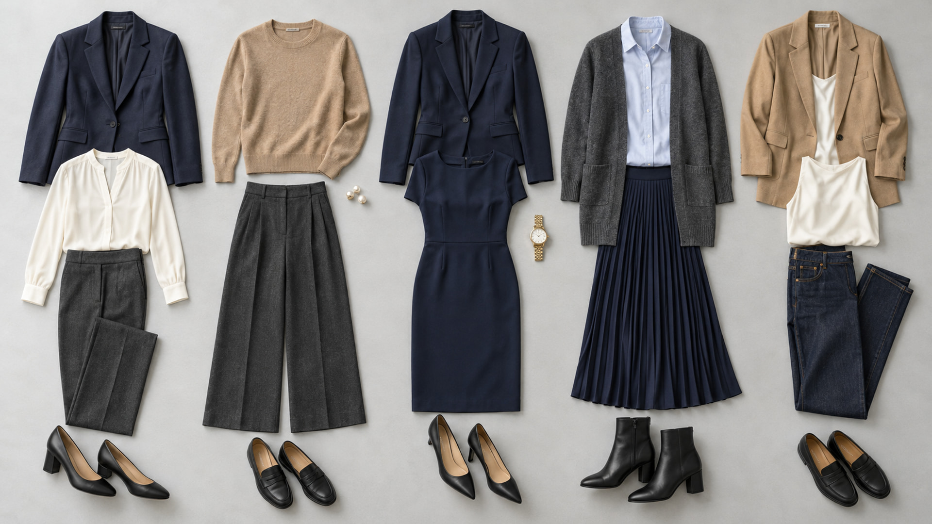 Five work outfits laid out in columns: tailored trousers and a blazer, a knit and wide trousers, a dress, a cardigan and skirt, and dark jeans.
